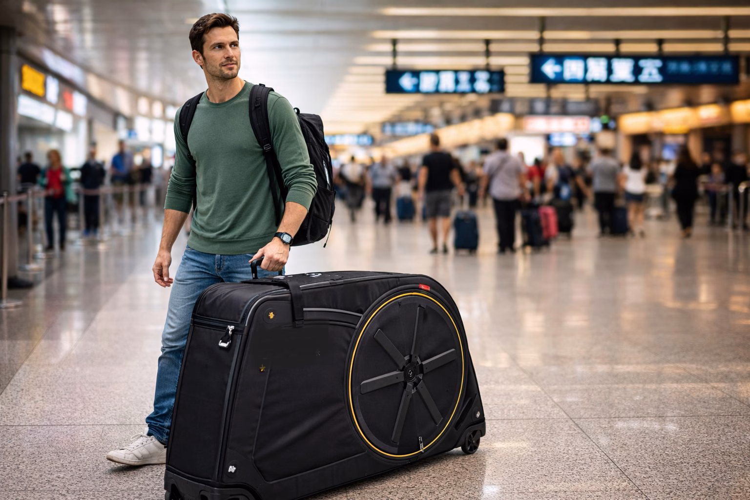 Biker and Bike Travel Case in Airport