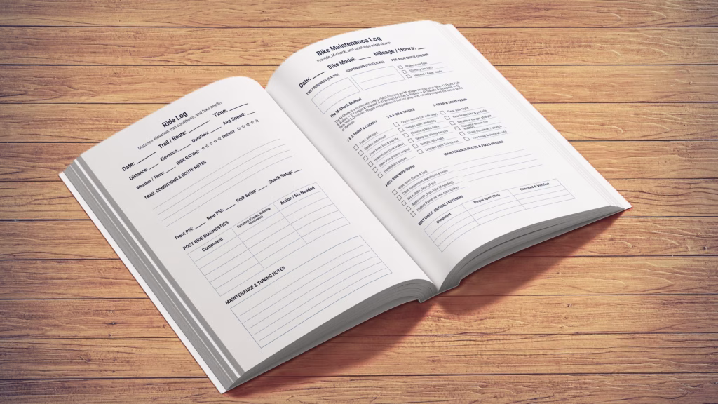 Mountain Bike Maintenance Logbook - A look Inside the Book - Ride Log & Bike Maintenance Log pages
