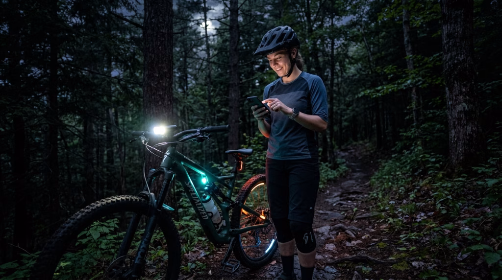 A mountain biker dressed in a fitted, short-sleeved jersey and comfortable cycling shorts stands beside their bike, which is equipped with advanced smart lights. The rider is intently checking various light modes on a sleek smartphone while a narrow trail winds through a dark, wooded area in the background. The trees are tall and shadowy, creating a mysterious atmosphere with faint moonlight peeking through the foliage. The crisp night air is palpable, emphasizing the anticipation before the trail ride. The bike lights glow softly in shades of bright white and vibrant colors, casting a gentle illumination on the trail. The camera angle captures the rider from a slightly low perspective, highlighting the bike and lights while framing the dense forest around them, evoking a sense of adventure and preparedness in mountain biking.