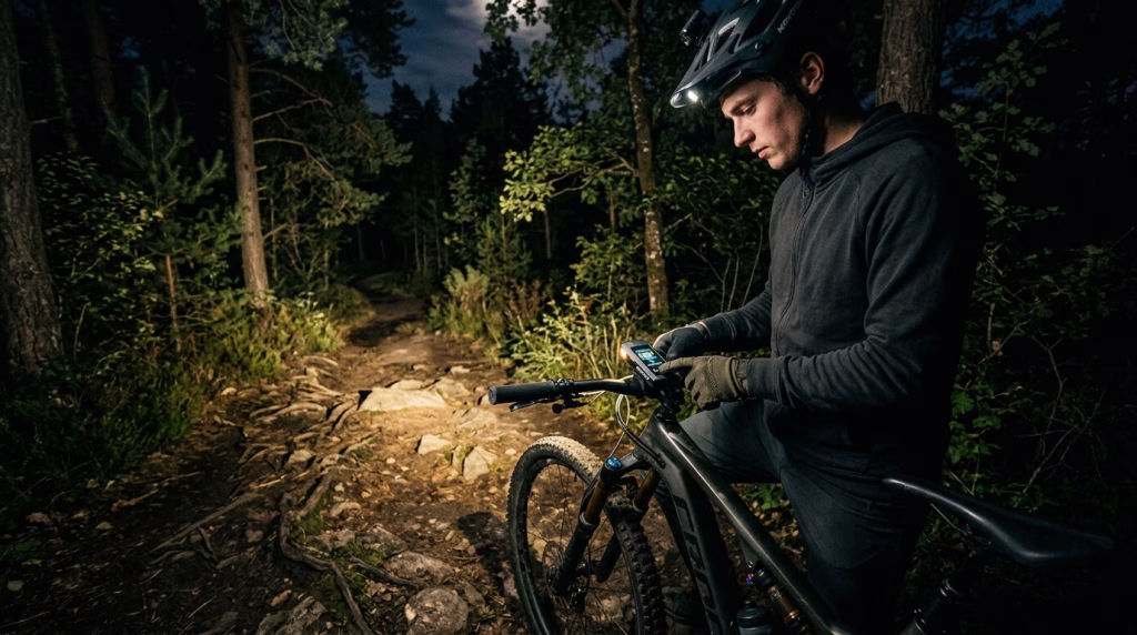 A mountain biker in modest casual clothing pauses on a rugged dirt trail at night, intently checking the smart controls on their bike light. The foreground features the rider’s focused expression as they adjust the sleek, modern light interface. In the middle ground, the bike is equipped with advanced lighting, casting a warm, inviting glow that illuminates the surrounding dense trees and rocky terrain. In the background, the trail winds through a dark forest, with ambient moonlight filtering through the canopy, creating a mystical atmosphere. The scene captures the thrill of night biking, emphasizing the importance of smart bike lights for safety and visibility. The image is captured with a close-up angle, highlighting the rider’s interaction with the technology while maintaining a sense of adventure and exploration.