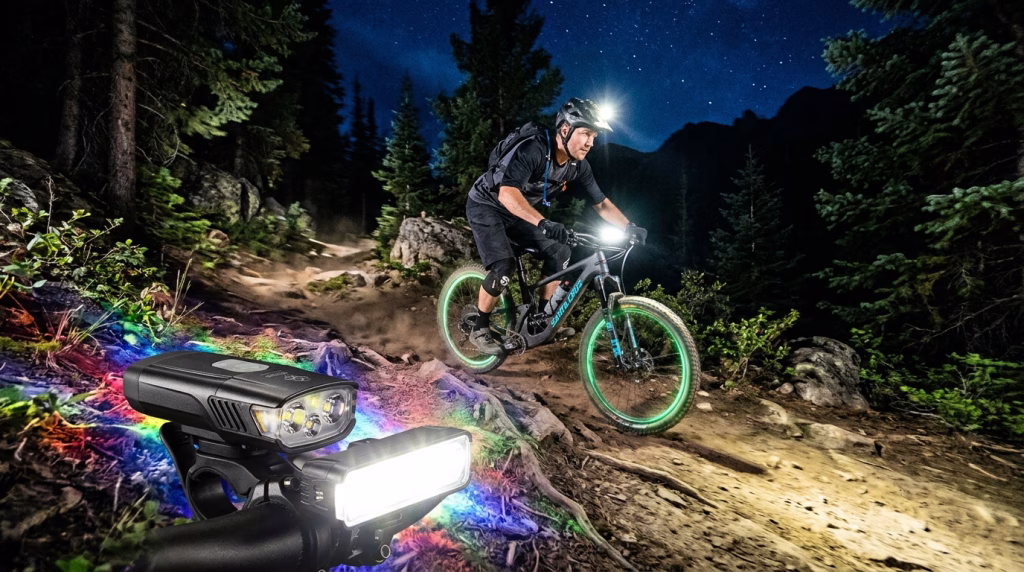 Crisp night scene featuring a mountain biker descending a technical dirt singletrack, illuminated by an array of smart bike lights. In the foreground, focus on the vibrant glow of several high-quality bike lights, showcasing their varying designs and brightness levels, casting dynamic patterns on the rugged trail. In the middle ground, the biker, clad in modest cycling gear, skillfully maneuvers through the uneven terrain, with his helmet light piercing the darkness. The background reveals dense trees and rocky outcrops partially shrouded in shadow, enhancing the adventurous atmosphere. Use a low-angle shot to capture the intensity of the descent, with a dramatic, deep-blue night sky above, dotted with stars. The overall mood should convey excitement and the thrill of night riding, emphasizing safety and visibility.