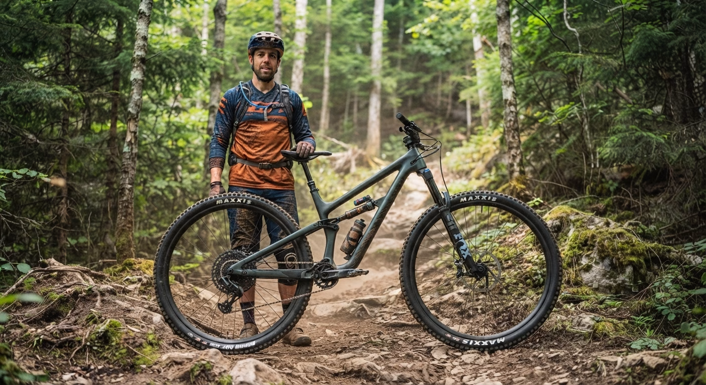 MTB Biker Standing By A Mountain Bike With 32" Wheels In The Woods