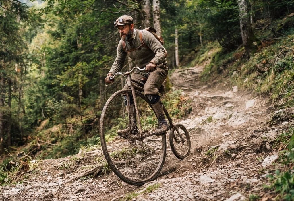 A Victorian Gentleman Riding A Penny Farthing On A Forest Trail